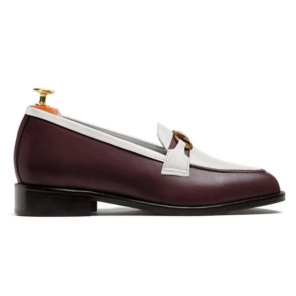 6CM/2.36 Inches CMR CHAMARIPA Men's Burgundy & White Leather Horsebit Loafers