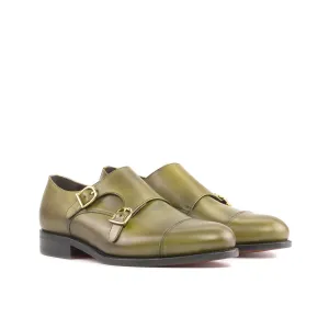 Ambrogio Bespoke Men's Shoes Green Calf-Skin Leather Cap-Toe Monk-Straps Loafers (AMB2331