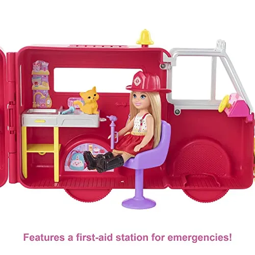 Barbie Chelsea Fire Truck Playset, Chelsea Doll  Fold Out Firetruck, Storytelling Accessories, Stickers