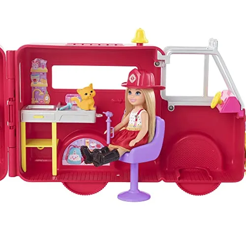 Barbie Chelsea Fire Truck Playset, Chelsea Doll  Fold Out Firetruck, Storytelling Accessories, Stickers