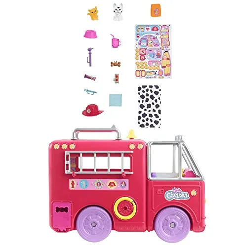 Barbie Chelsea Fire Truck Playset, Chelsea Doll  Fold Out Firetruck, Storytelling Accessories, Stickers