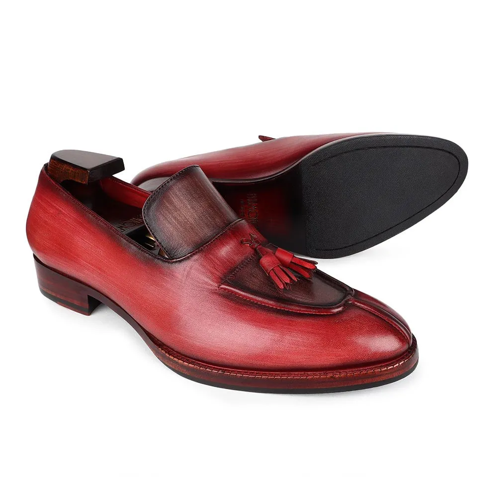 Burgundy   Brown Brushed Patina Mirror Glossed Apron Toe Tassel Loafers