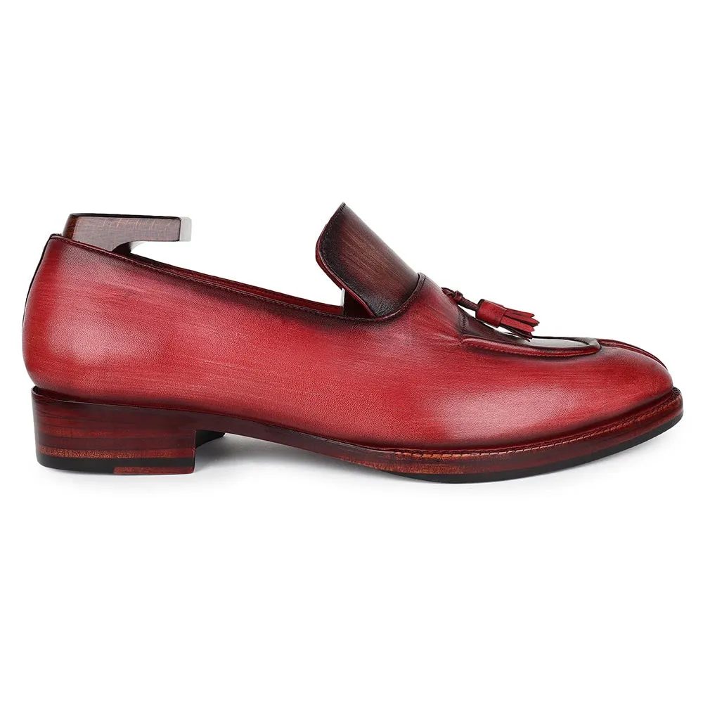 Burgundy   Brown Brushed Patina Mirror Glossed Apron Toe Tassel Loafers