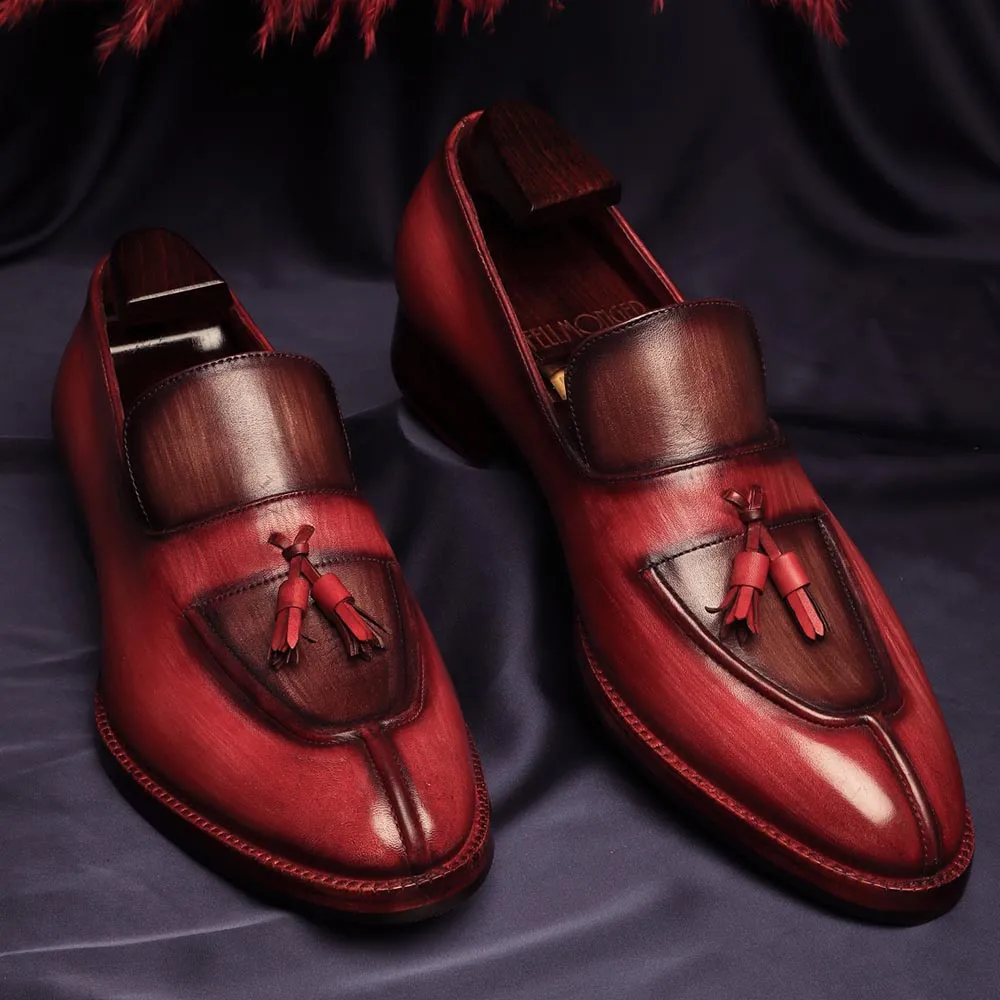 Burgundy   Brown Brushed Patina Mirror Glossed Apron Toe Tassel Loafers