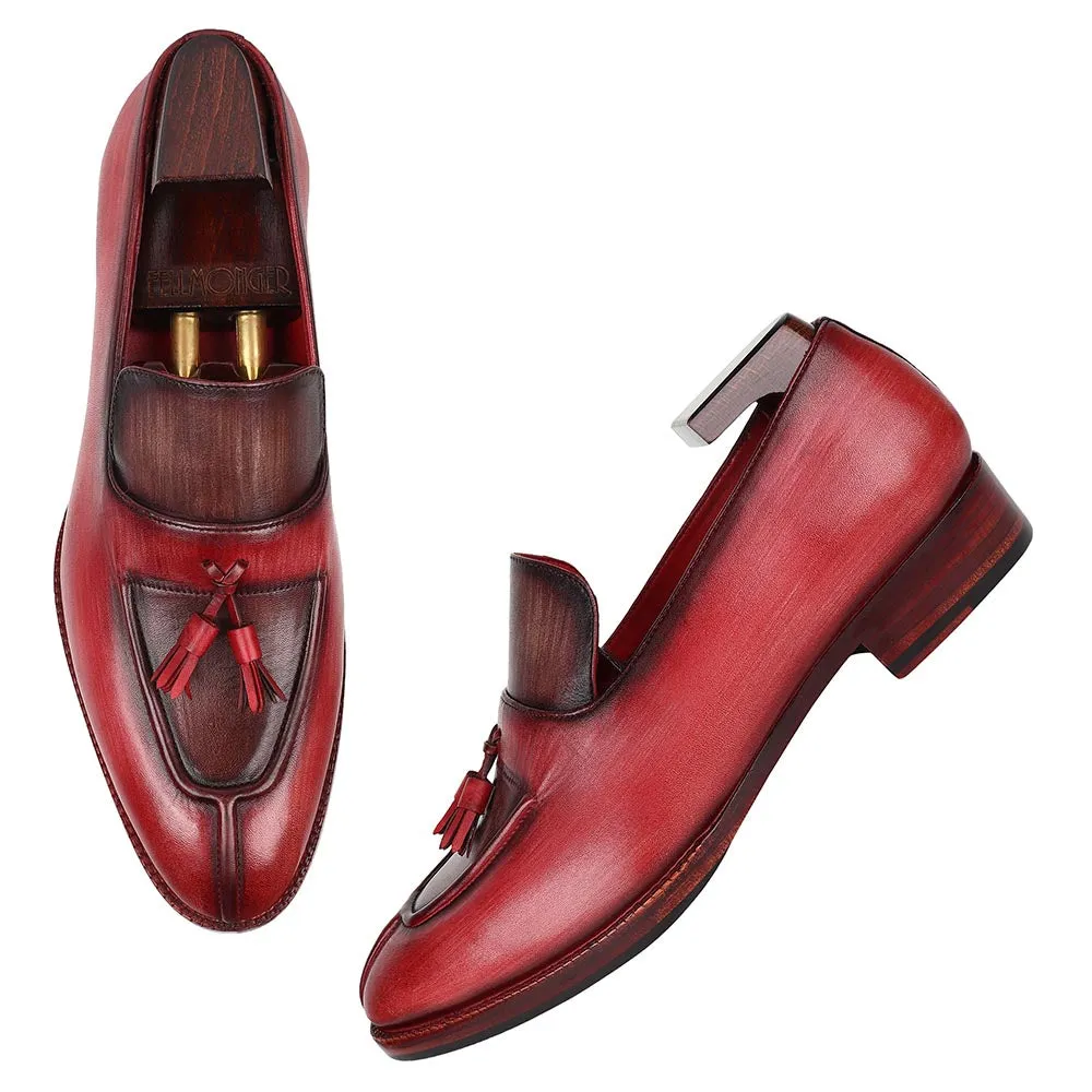 Burgundy   Brown Brushed Patina Mirror Glossed Apron Toe Tassel Loafers