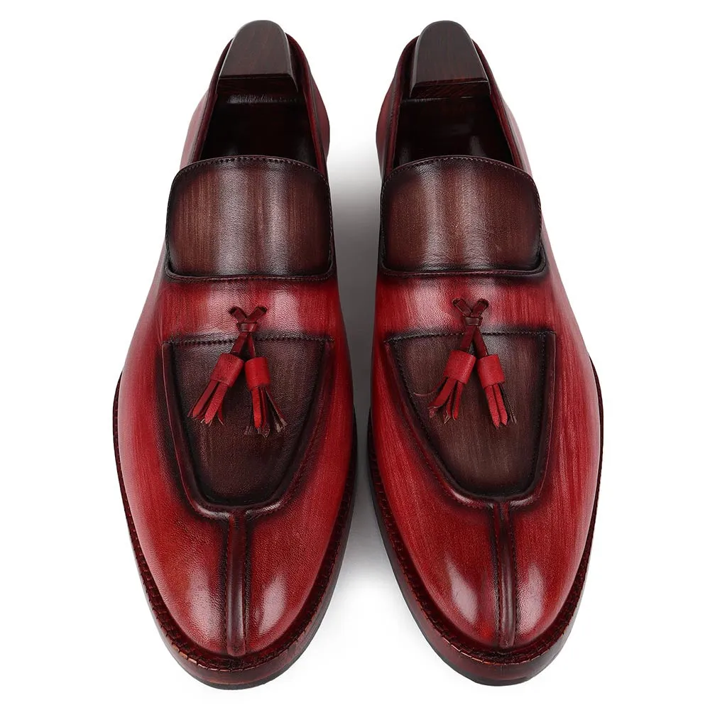 Burgundy   Brown Brushed Patina Mirror Glossed Apron Toe Tassel Loafers