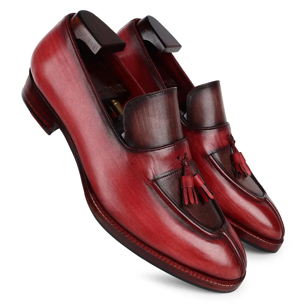 Burgundy   Brown Brushed Patina Mirror Glossed Apron Toe Tassel Loafers