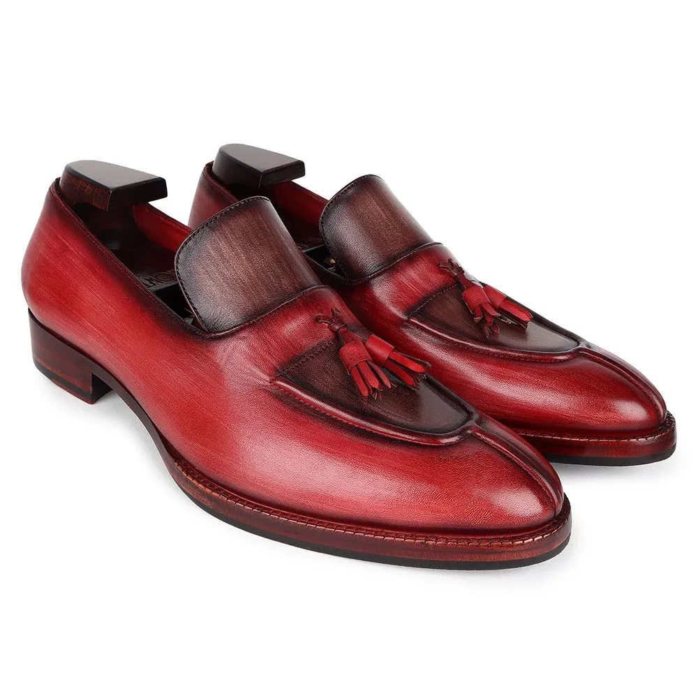 Burgundy   Brown Brushed Patina Mirror Glossed Apron Toe Tassel Loafers