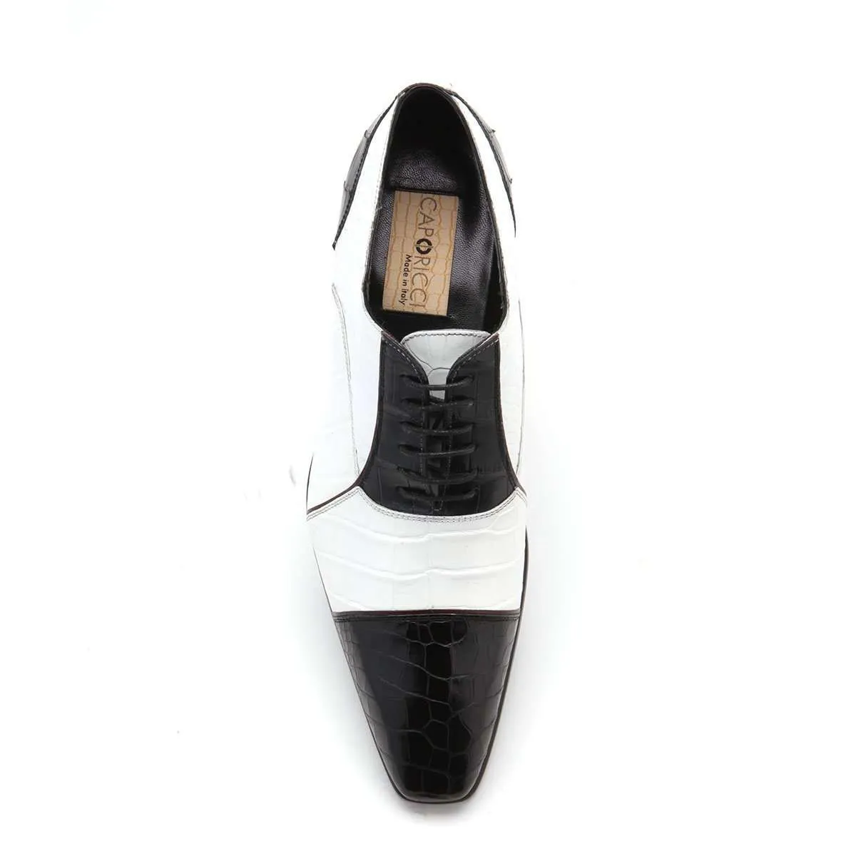 Caporicci 201 Men's Luxury Italian Designer Shoes Black & White Baby Alligator Cap-ToeOxfords (CAP1000)