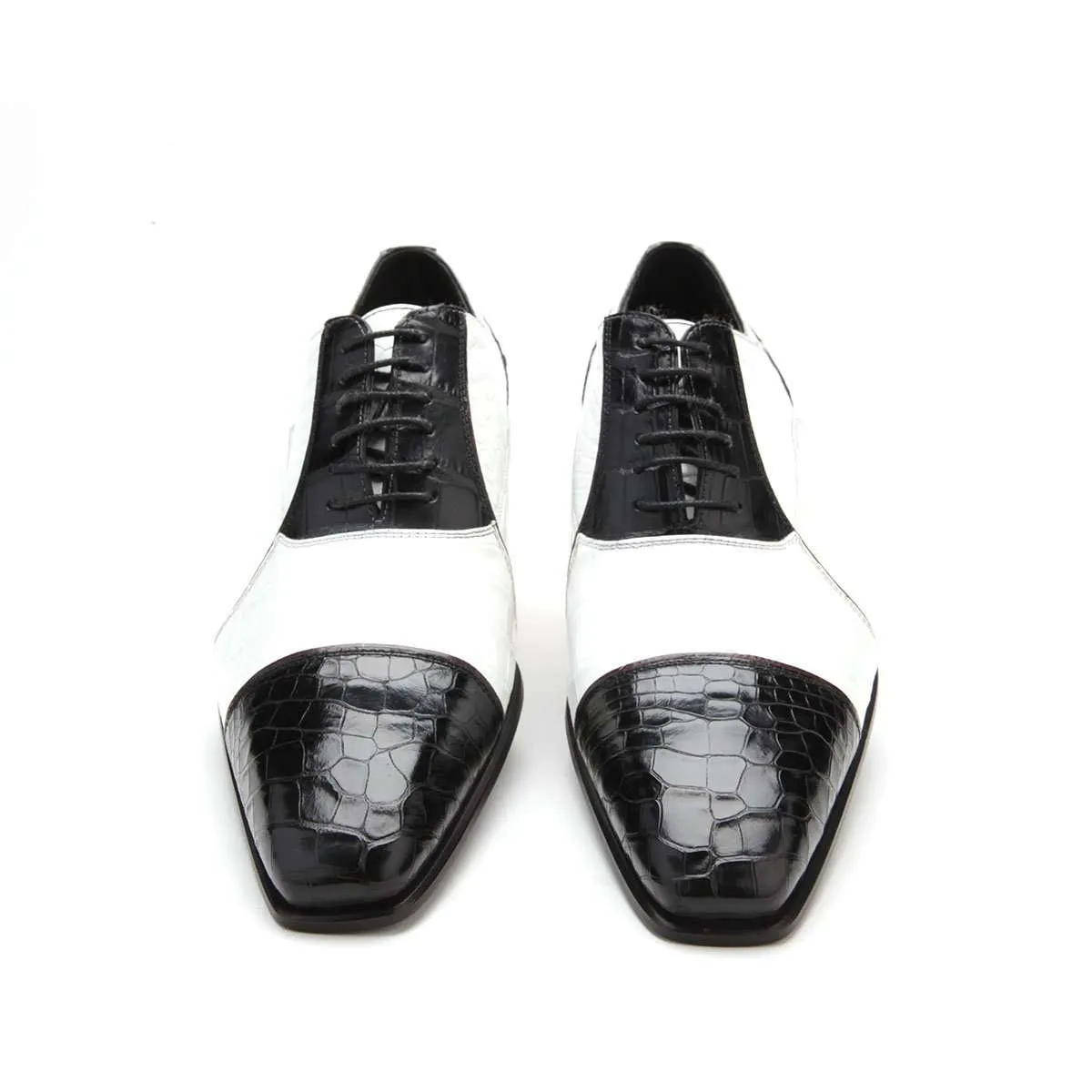 Caporicci 201 Men's Luxury Italian Designer Shoes Black & White Baby Alligator Cap-ToeOxfords (CAP1000)