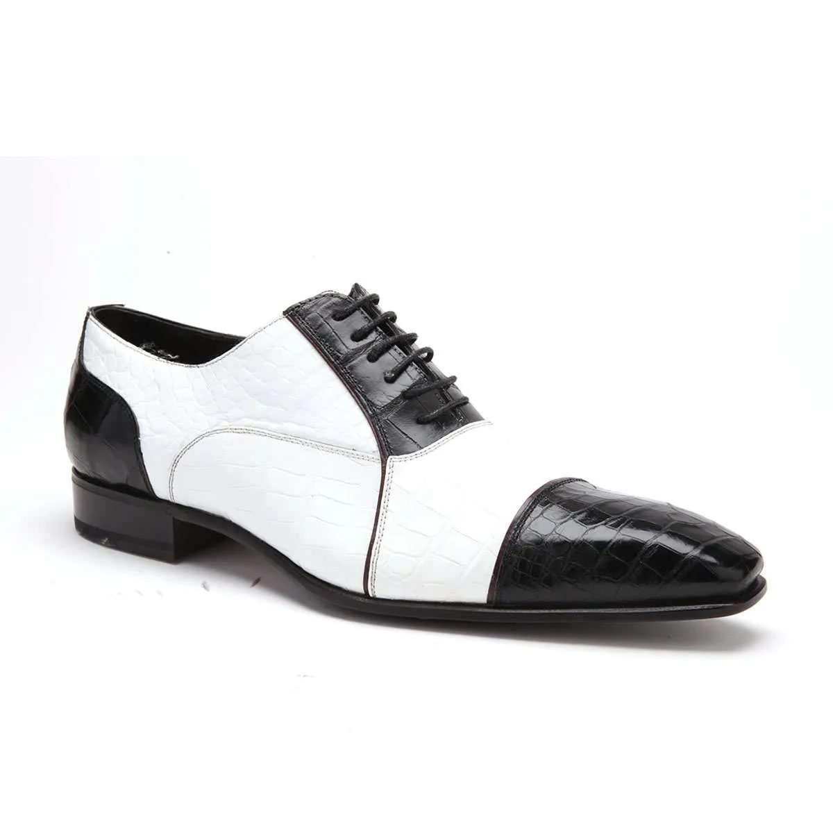 Caporicci 201 Men's Luxury Italian Designer Shoes Black & White Baby Alligator Cap-ToeOxfords (CAP1000)