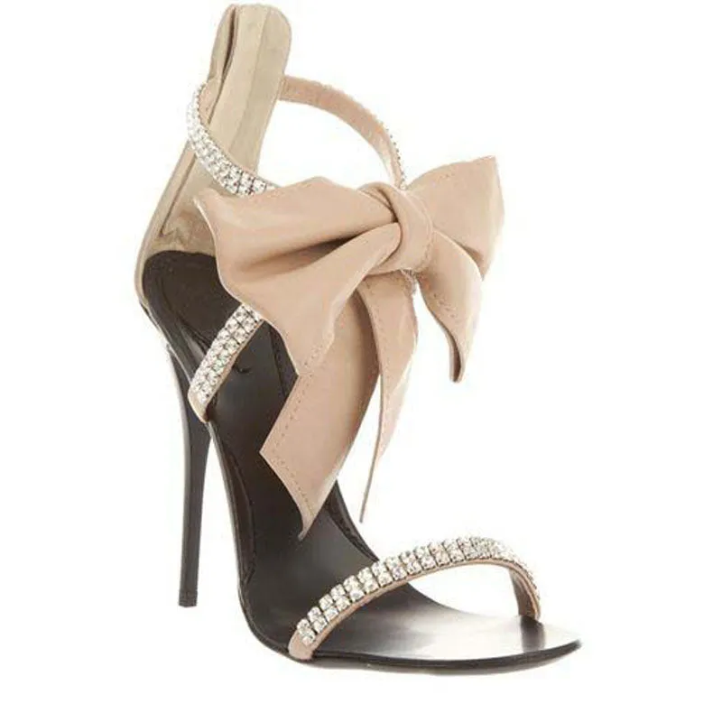Casual Rhinestone Nude Bow Buckle High Heel Sandals