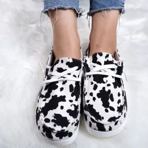 Chicvane Cow Print Lace Up Flat Loafers