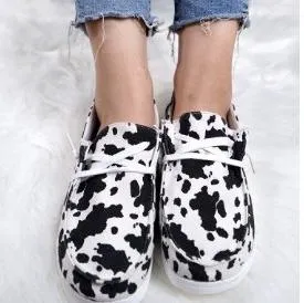 Chicvane Cow Print Lace Up Flat Loafers