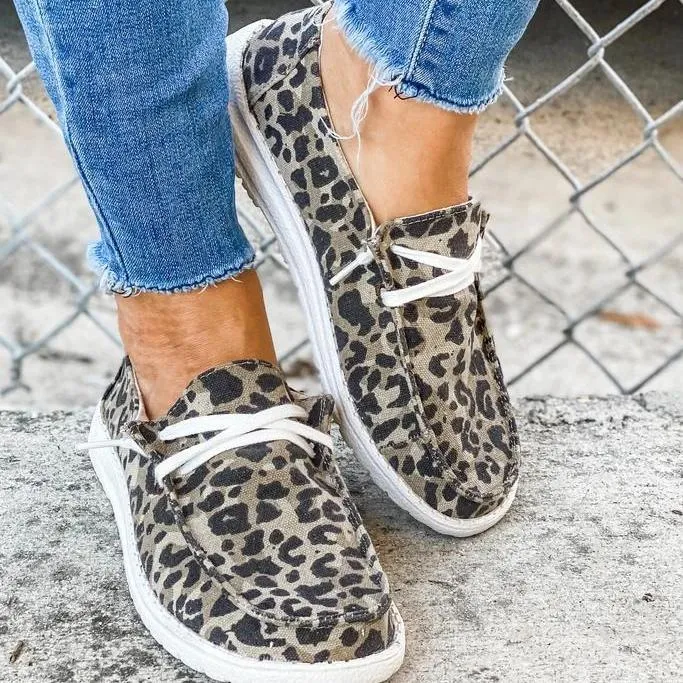 Chicvane Leopard Print Lace Up Flat Loafers