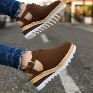 Chicvane New Buckle Closure Slip on Round Toe Platform Loafers High Heels