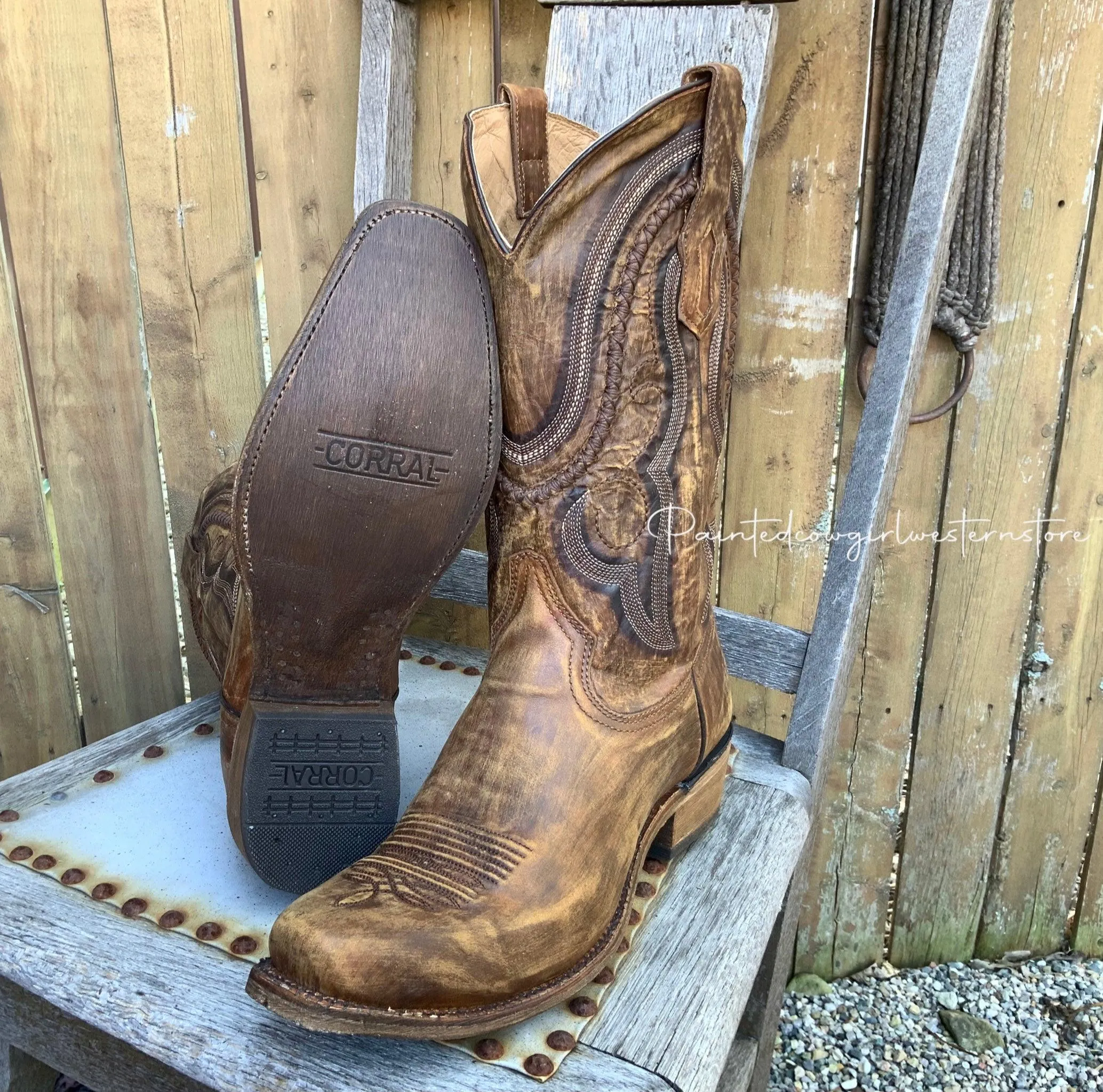 Corral Men's Golden Brown Leather Narrow Square Toe Cowboy Boots A3479