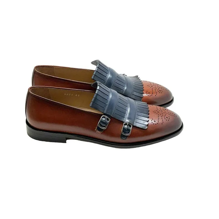 Corrente C0001901-5211 Men's Shoes Navy & Brown Calf-Skin Leather Kilt Buckles Loafers (CRT1496)