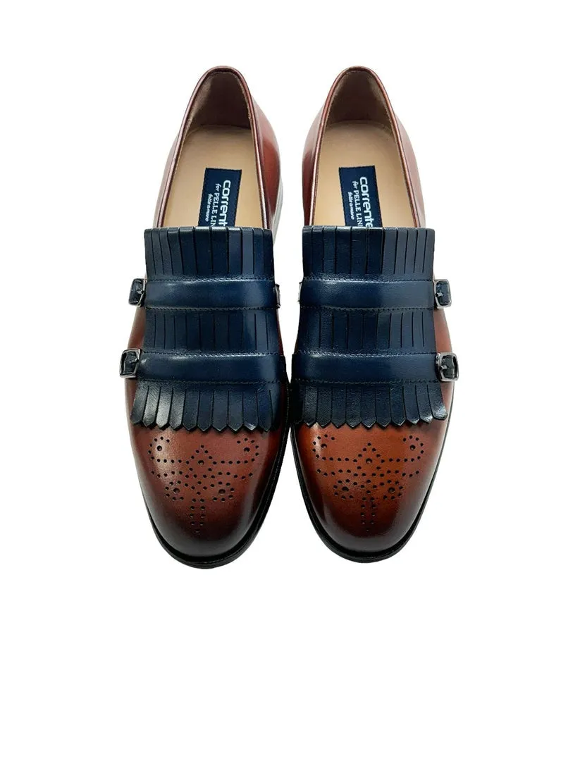 Corrente C0001901-5211 Men's Shoes Navy & Brown Calf-Skin Leather Kilt Buckles Loafers (CRT1496)