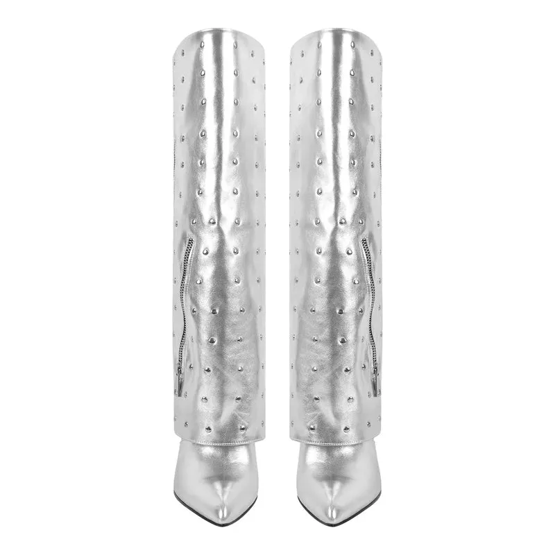 Fold Over Mid-Calf Trouser Tube Slip-On Pointed Toe Thin High Heels Boots