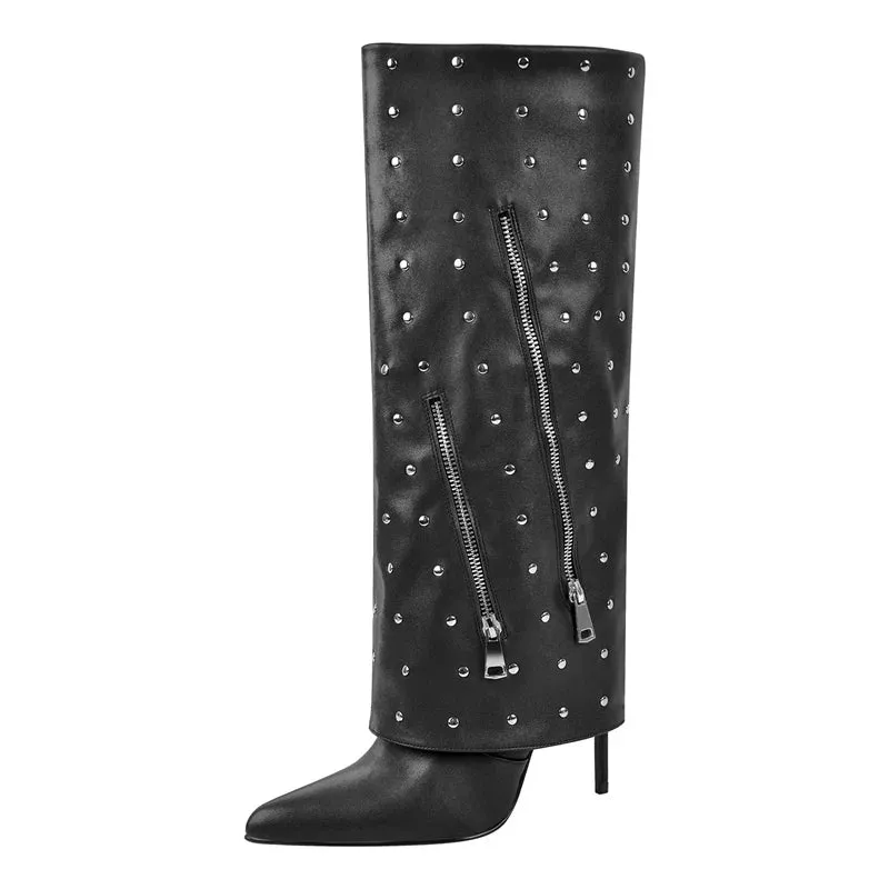 Fold Over Mid-Calf Trouser Tube Slip-On Pointed Toe Thin High Heels Boots