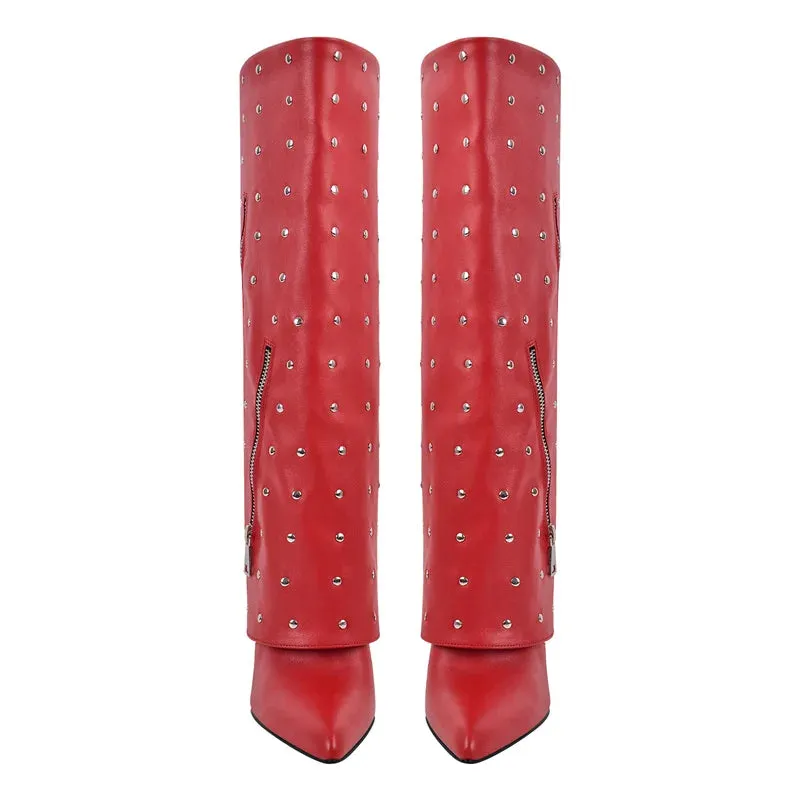 Fold Over Mid-Calf Trouser Tube Slip-On Pointed Toe Thin High Heels Boots