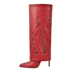 Fold Over Mid-Calf Trouser Tube Slip-On Pointed Toe Thin High Heels Boots