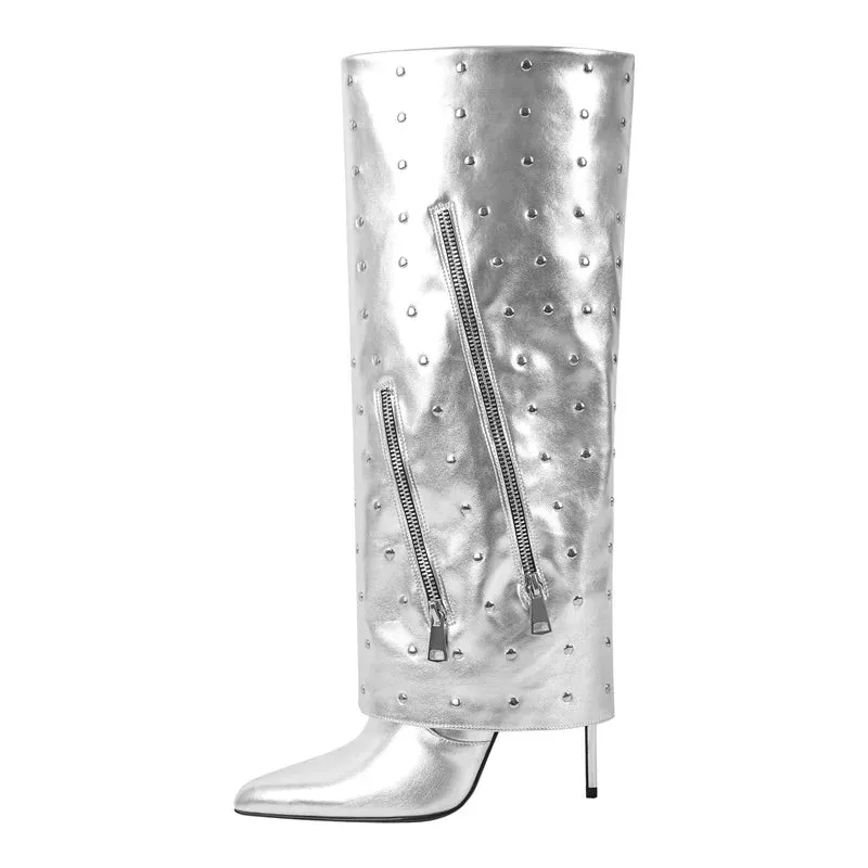 Fold Over Mid-Calf Trouser Tube Slip-On Pointed Toe Thin High Heels Boots