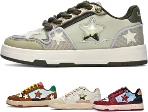 Geerta Burgundy Star Shoes  Y2K Chunky Cute Walking Sneaker for Women Girls Thick Sole Platform Classic Vintage Look Color Block Denim Everyday Casual School Summer Beach Travel