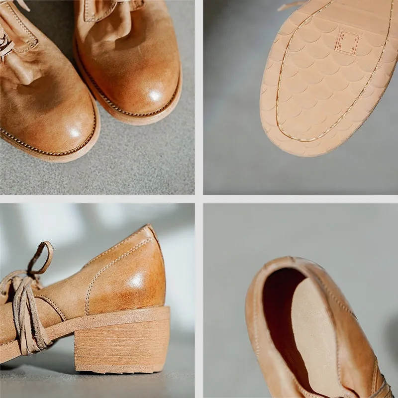 Horse Leather Classic 55mm Round Toe Oxfords & Tie Shoes For Women Derby Shoes