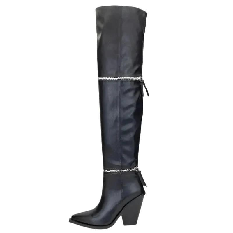 Metal Zipper Chunky Heel Pointed Toe Thigh Over The Knee Boots