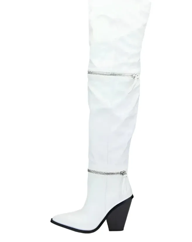 Metal Zipper Chunky Heel Pointed Toe Thigh Over The Knee Boots