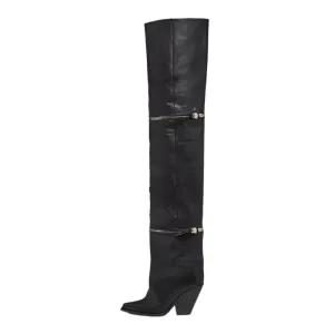 Metal Zipper Chunky Heel Pointed Toe Thigh Over The Knee Boots