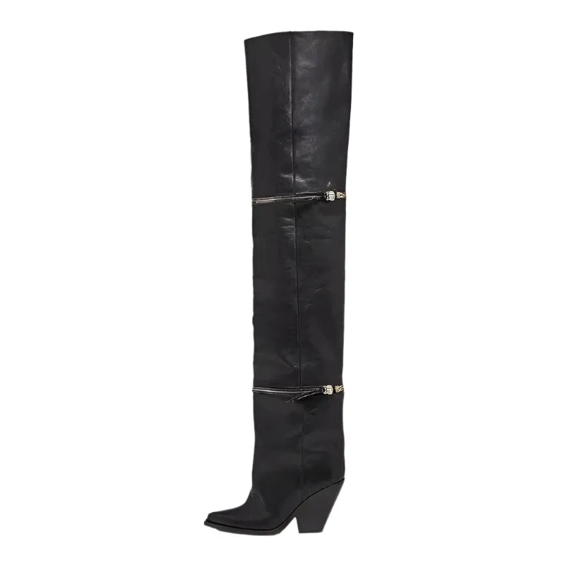 Metal Zipper Chunky Heel Pointed Toe Thigh Over The Knee Boots