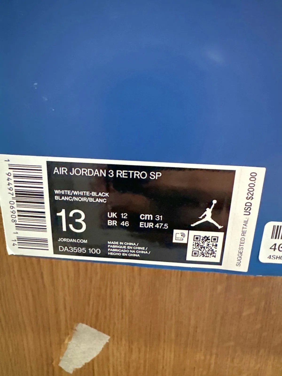 Nike DA3595 White/Black Air Jordan 3 Retro SP Trainers UK 12 