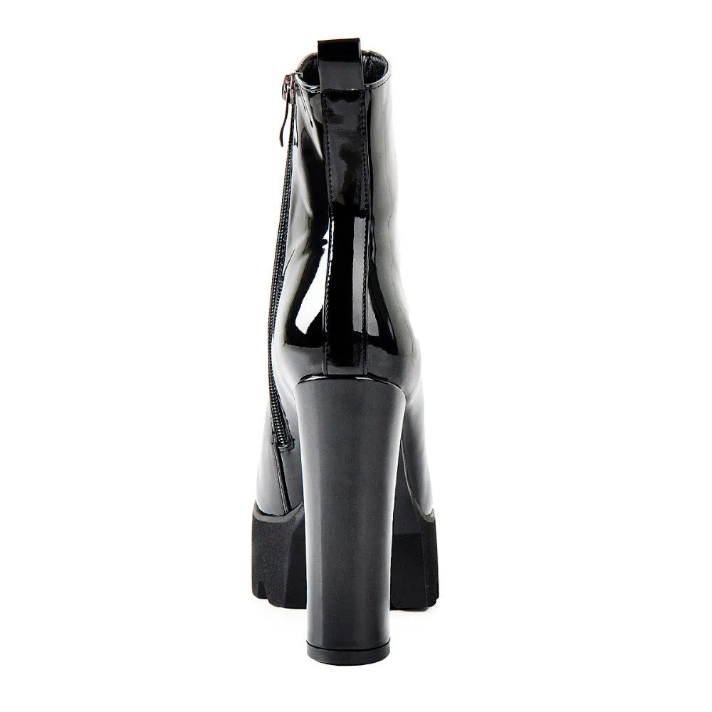 Patent Leather Platform Round Toe Chunky Heel Pull on Ankle Boots