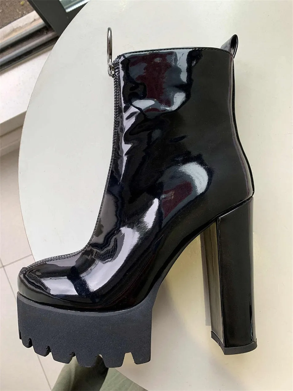 Patent Leather Platform Round Toe Chunky Heel Pull on Ankle Boots