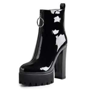 Patent Leather Platform Round Toe Chunky Heel Pull on Ankle Boots