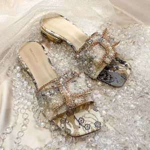 Retro pearls summer slides | Open toe low heel slip on sandals