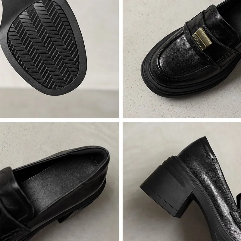 Retro Round-Toe 65mm Block Heel Sheepskin Penny Loafers with Metal Decoration Brown/Black