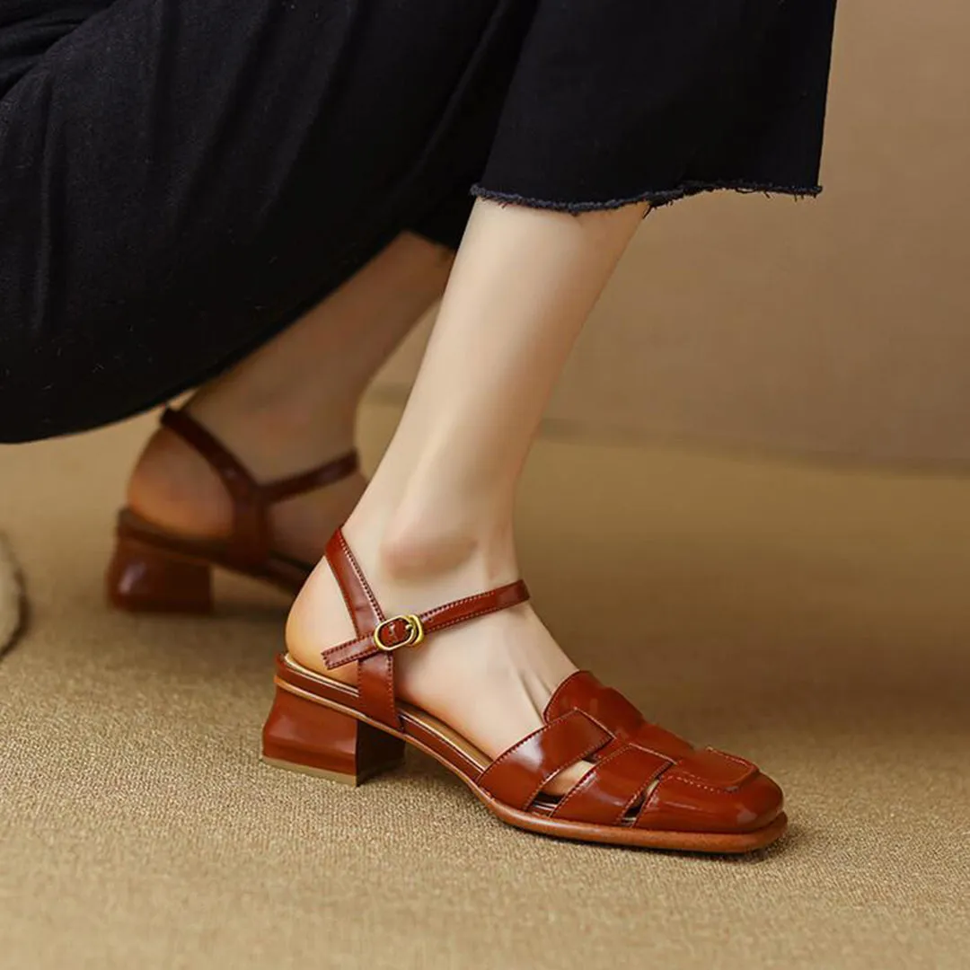 Retro Woven Square Toe Chunky Sandals