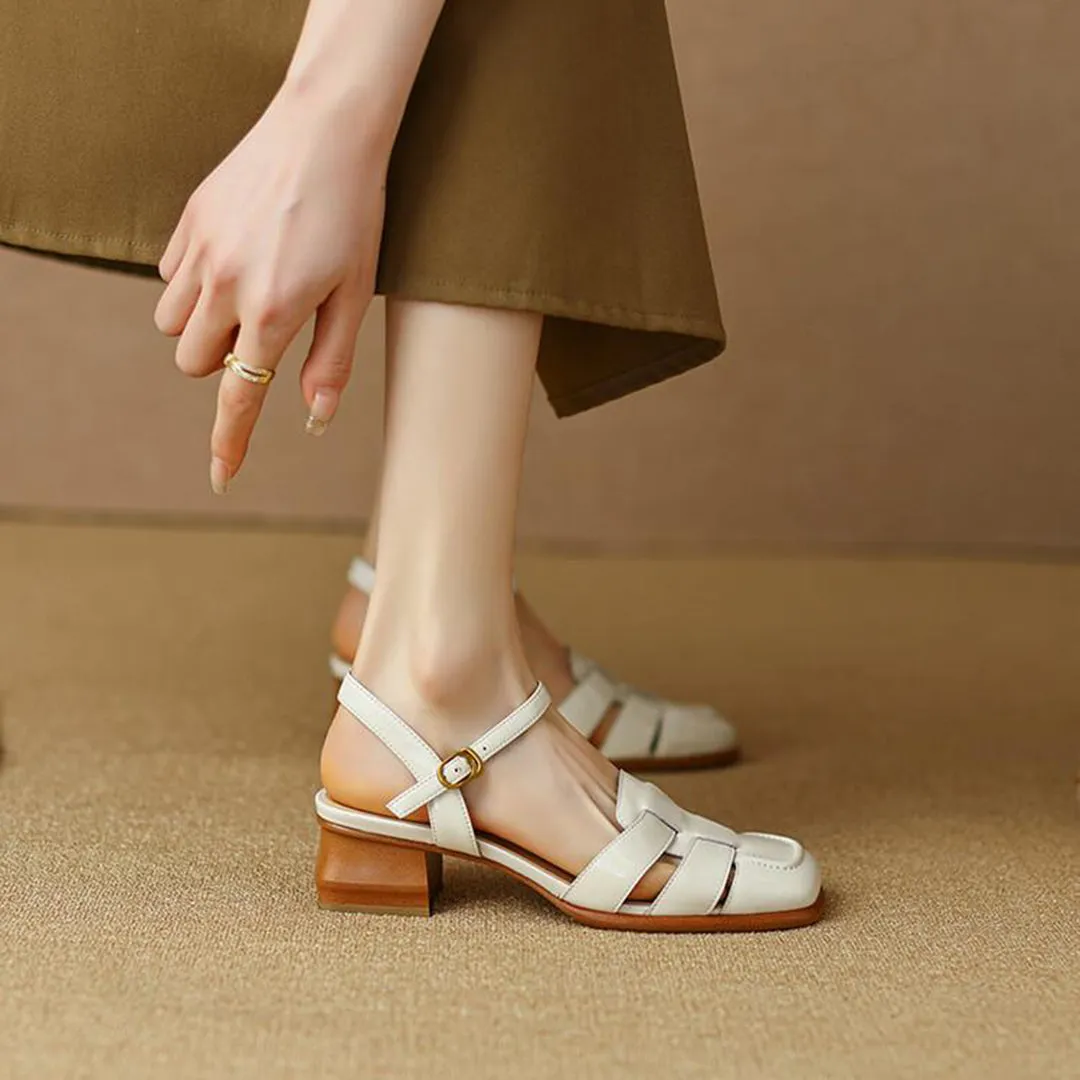 Retro Woven Square Toe Chunky Sandals