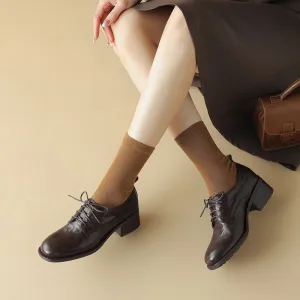 Round Toe Sheepskin Lace-Up Oxford Shoes with 50mm Block Heel Black/Brown