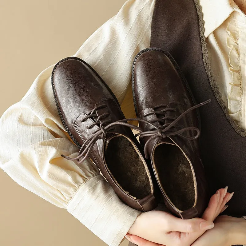 Round Toe Sheepskin Lace-Up Oxford Shoes with 50mm Block Heel Black/Brown