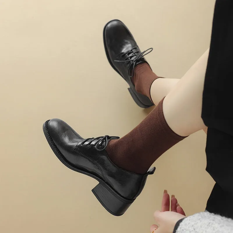 Round Toe Sheepskin Lace-Up Oxford Shoes with 50mm Block Heel Black/Brown