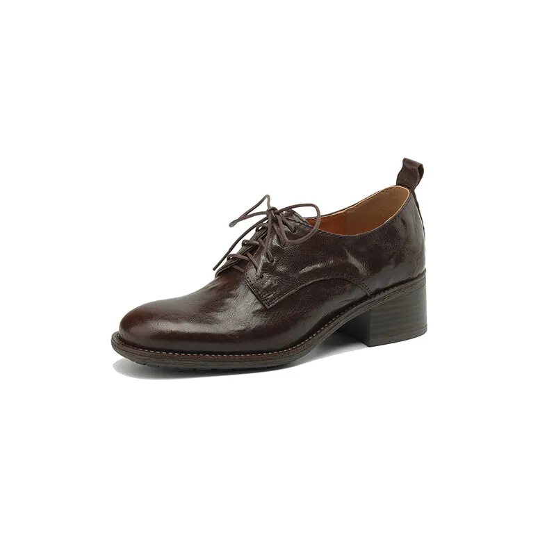 Round Toe Sheepskin Lace-Up Oxford Shoes with 50mm Block Heel Black/Brown
