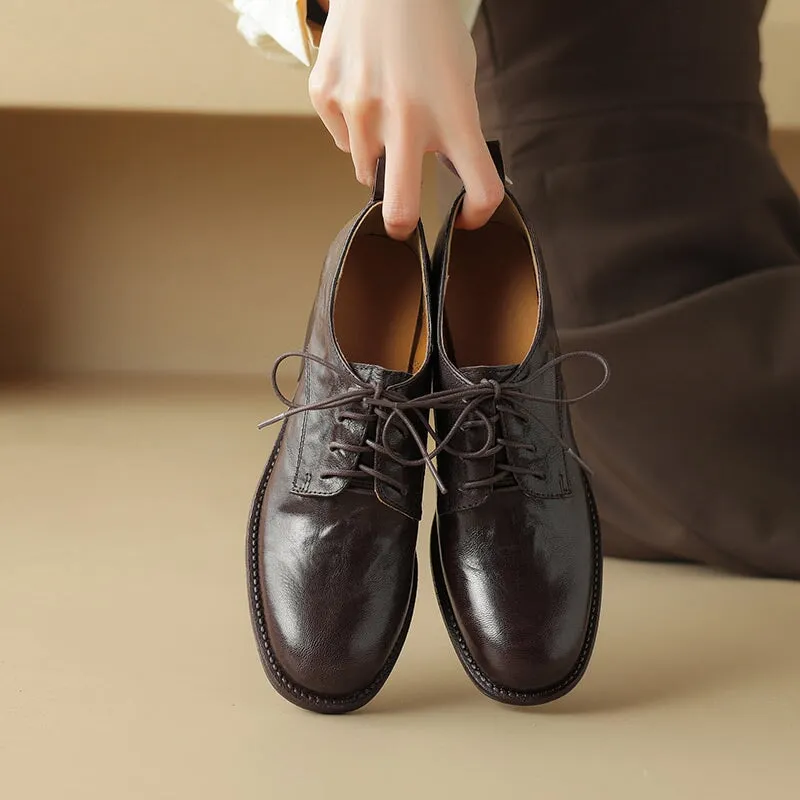 Round Toe Sheepskin Lace-Up Oxford Shoes with 50mm Block Heel Black/Brown