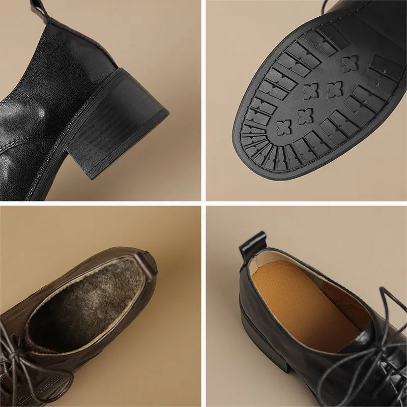 Round Toe Sheepskin Lace-Up Oxford Shoes with 50mm Block Heel Black/Brown