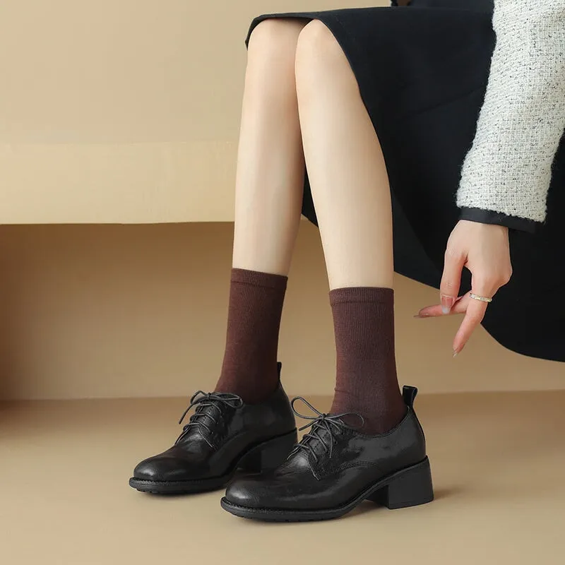 Round Toe Sheepskin Lace-Up Oxford Shoes with 50mm Block Heel Black/Brown