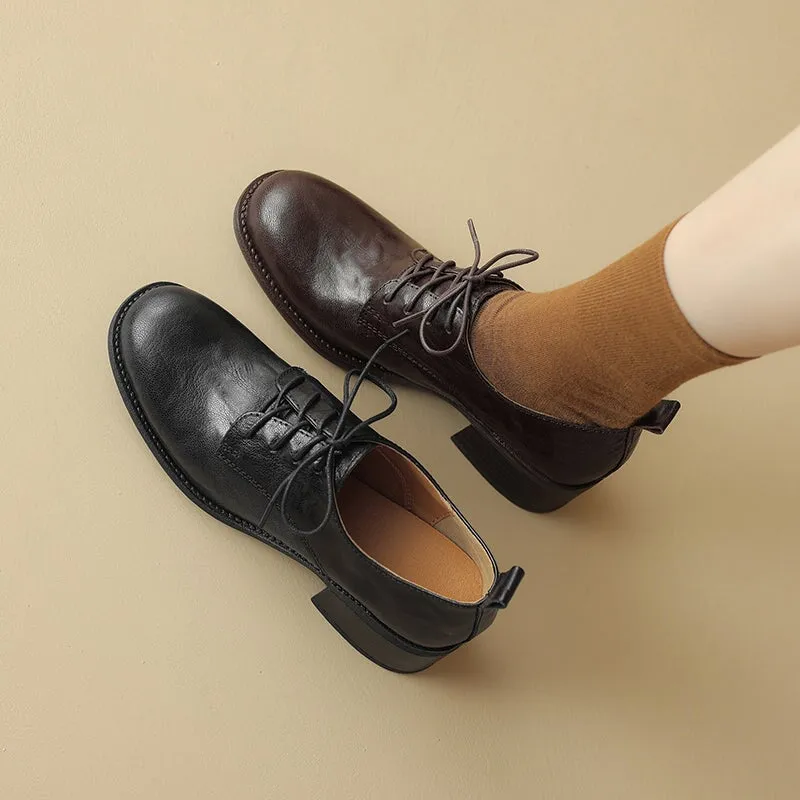Round Toe Sheepskin Lace-Up Oxford Shoes with 50mm Block Heel Black/Brown